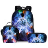 A set of three football player themed backpacks featuring a silhouette of Ronaldo in a blue and purple background.