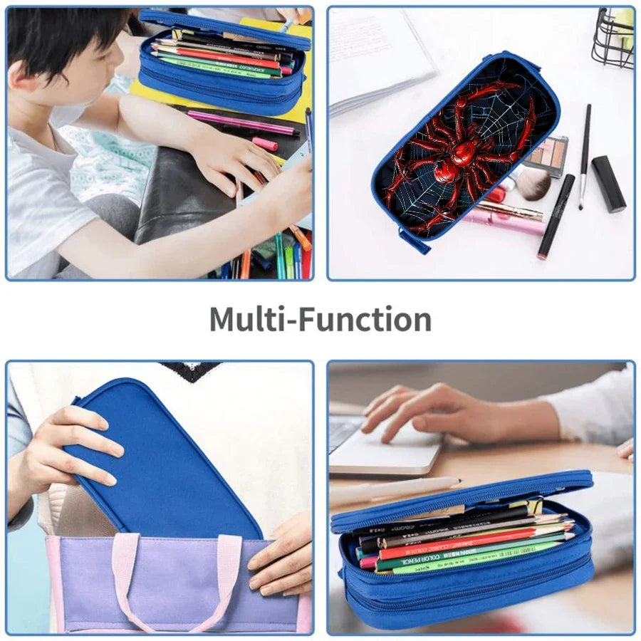 A multi-function blue pencil case with a spider pattern design shown in various contexts.
