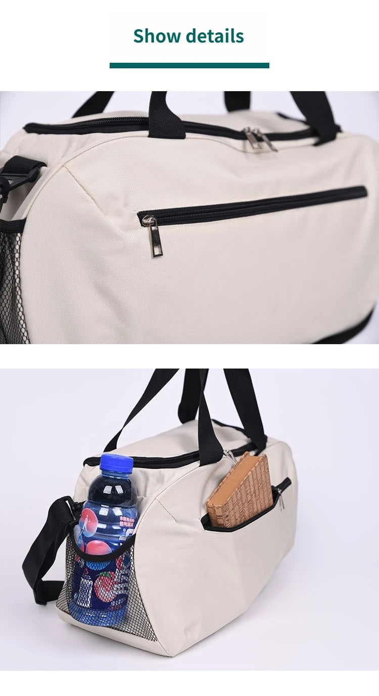 A beige waterproof sports duffel bag with black straps and a zippered compartment, featuring a blue water bottle.