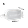 A clear waterproof travel toiletry bag with white trim and measurements displayed.