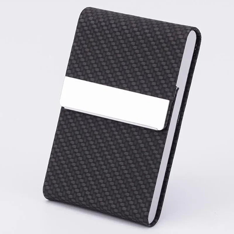 A black textured PU leather business card holder with a white card slot.