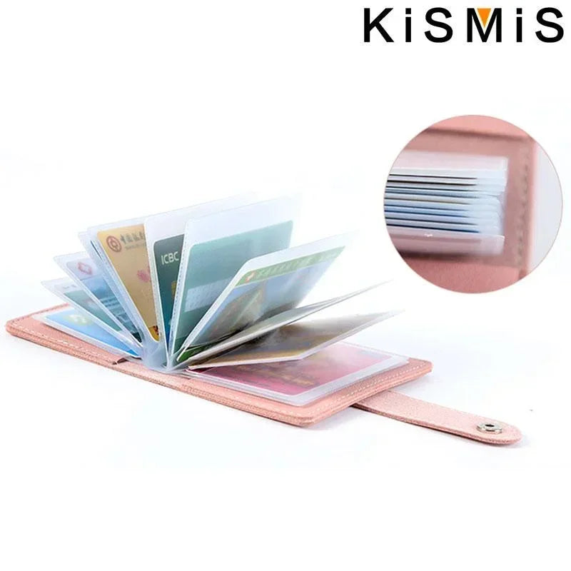 A pink leather card holder displaying several credit cards and a close-up of stacked cards.