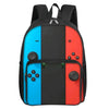 A black backpack featuring a colorful design with blue, black, and red panels and a front pocket.