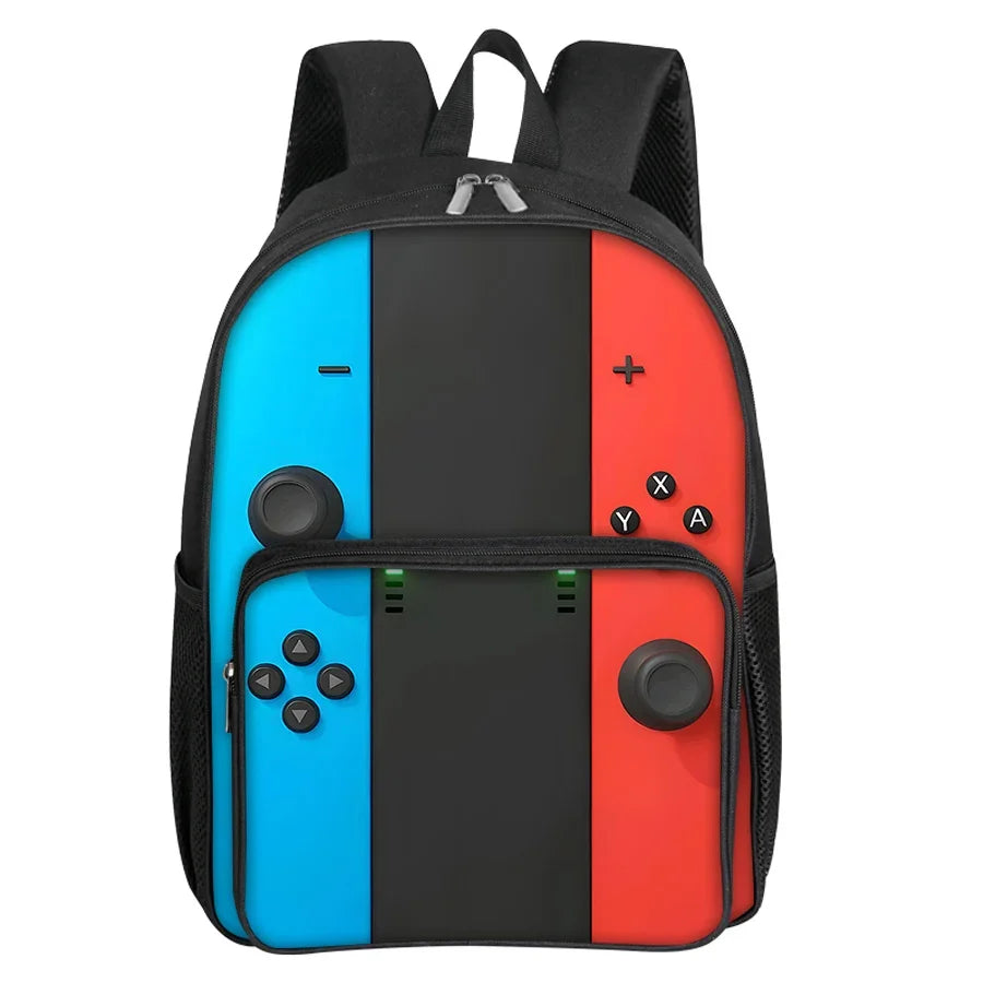 A black backpack featuring a colorful design with blue, black, and red panels and a front pocket.