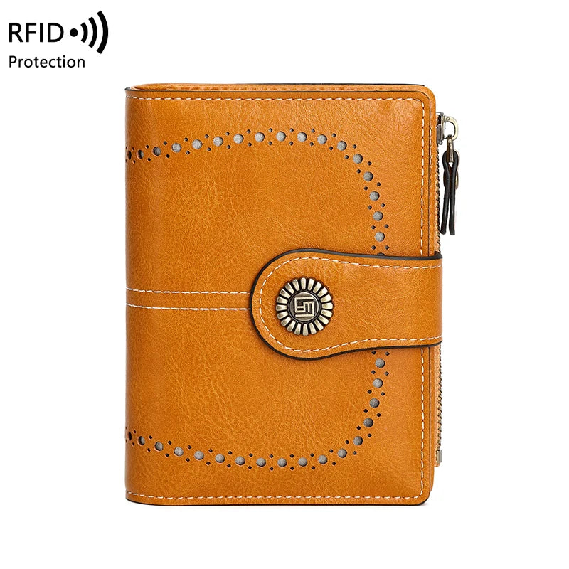 A brown leather wallet with stitching and a flap closure, designed for RFID protection.