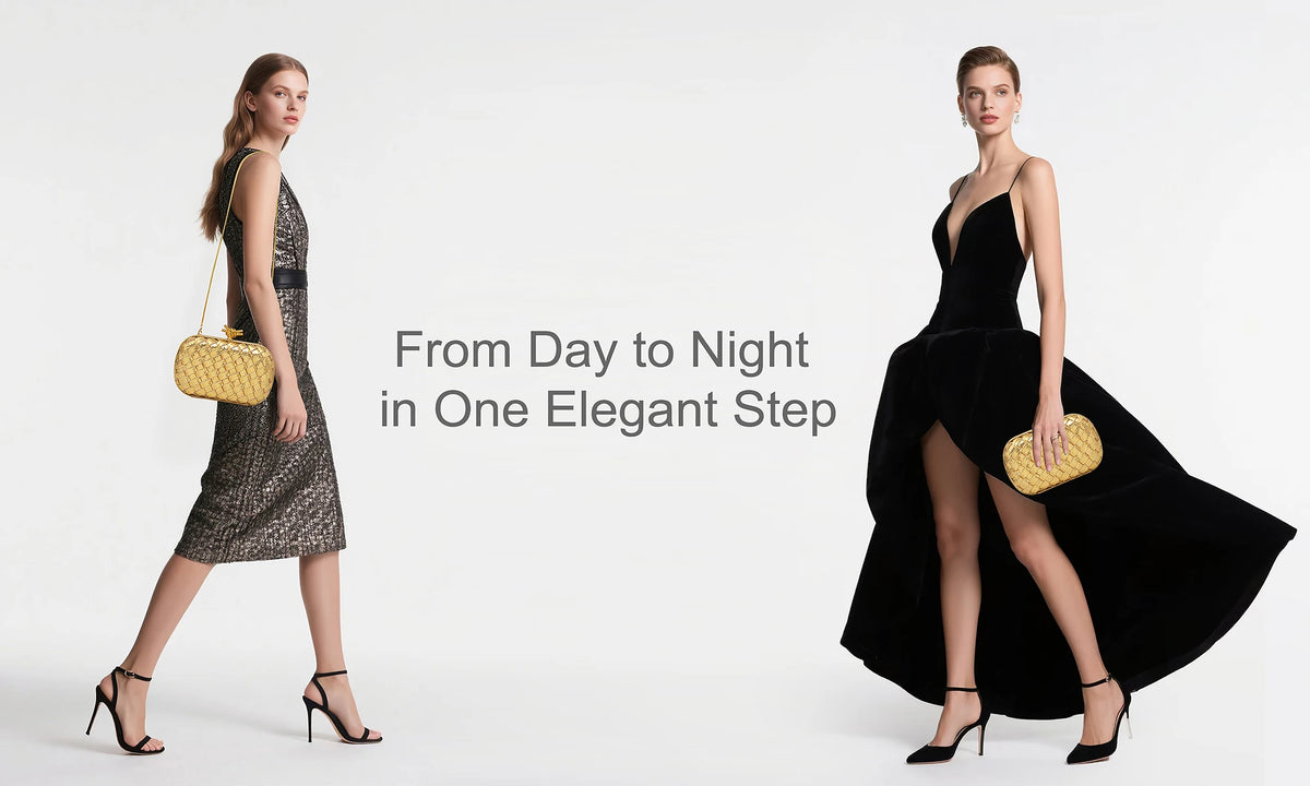 A model wearing a black dress and gold clutch, demonstrating an elegant outfit from day to night.