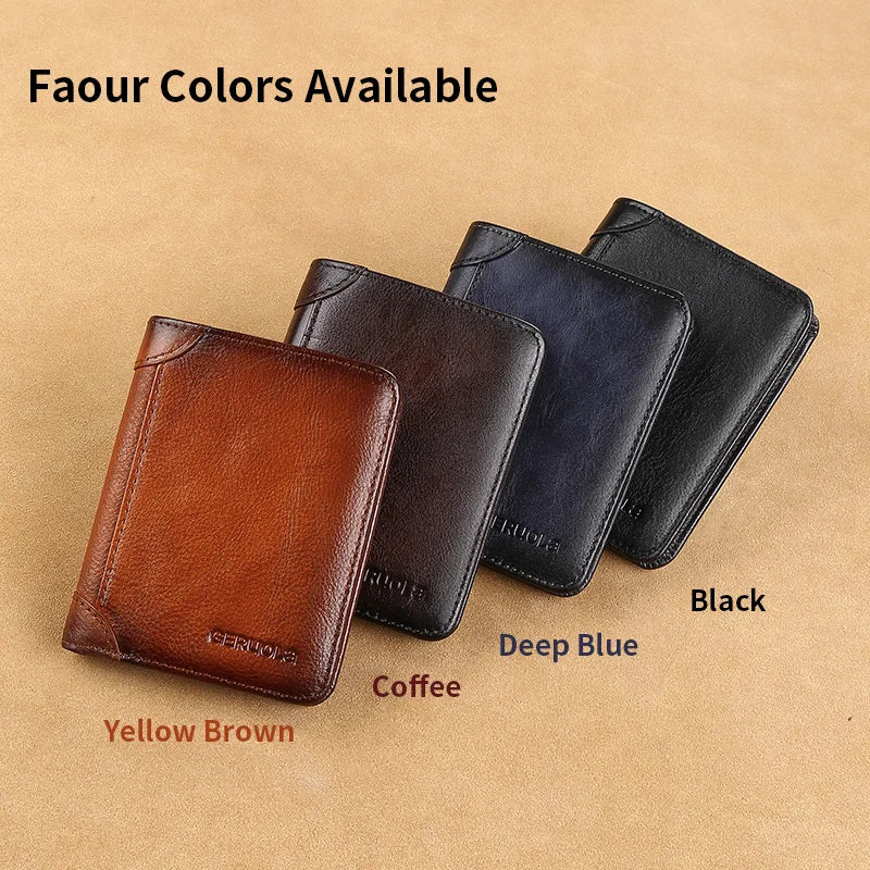 A collection of four slim leather wallets in brown, black, and deep blue colors displayed on a beige background.