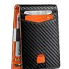 Black carbon fiber wallet with orange accents protecting cards against RFID scanning