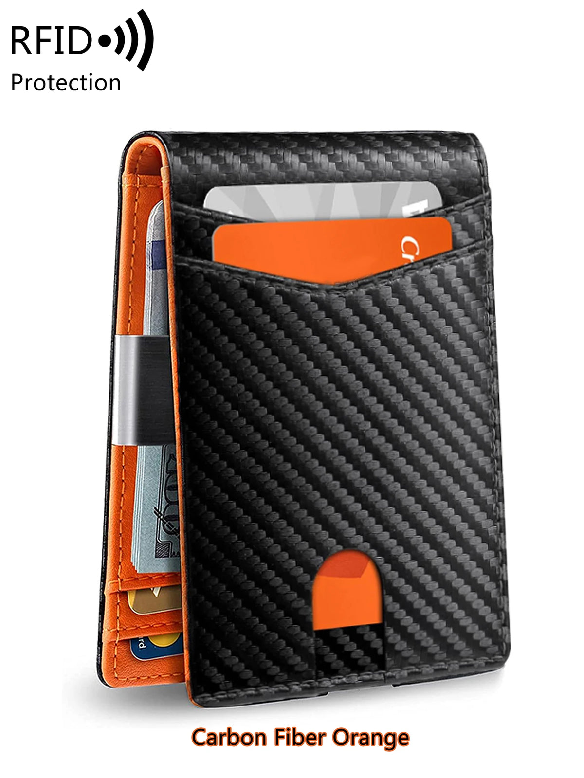 Black carbon fiber wallet with orange accents protecting cards against RFID scanning