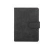 A dark gray leather passport organizer with a protective flap and card slots.