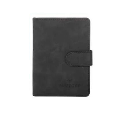 A dark gray leather passport organizer with a protective flap and card slots.