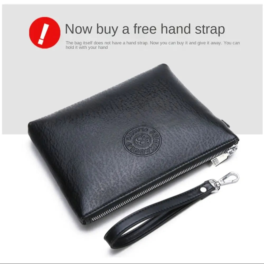 A black PU leather clutch bag with a hand strap attached, shown from above.