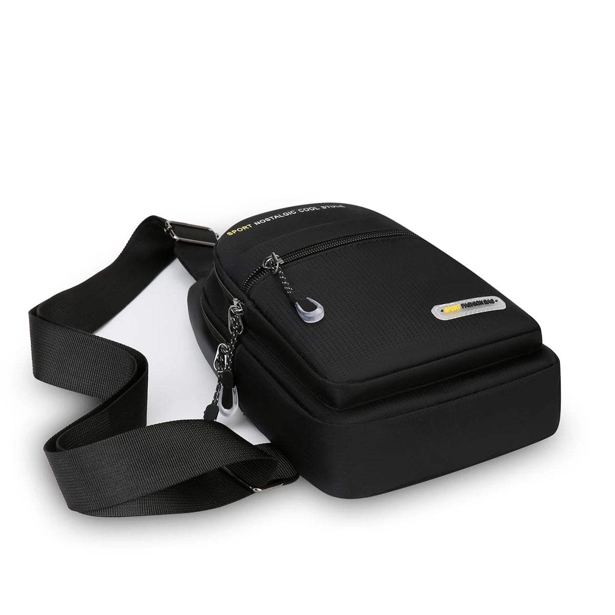 Black men's casual multi-pocket shoulder bag with a black strap and silver zipper pull.