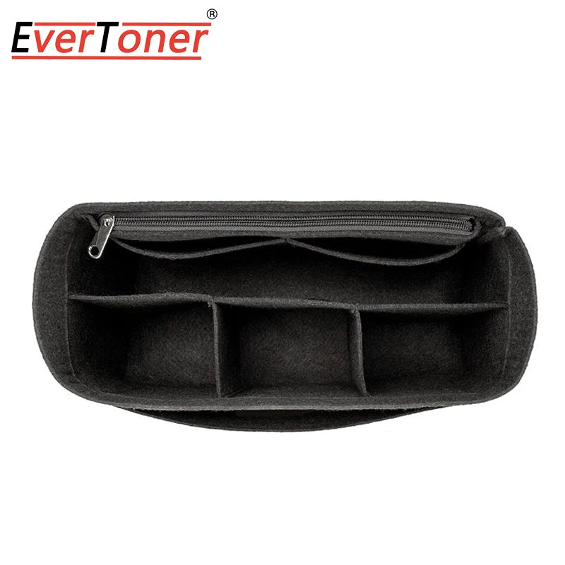Black felt bag organizer insert designed to organize tote handbags.