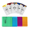 A set of anti-scan RFID card sleeves in various colors, including yellow, red, blue, purple, and orange.