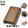 Portefeuille avec porte coulissante en cuir marron et protection RFID, vue de l'intérieur.