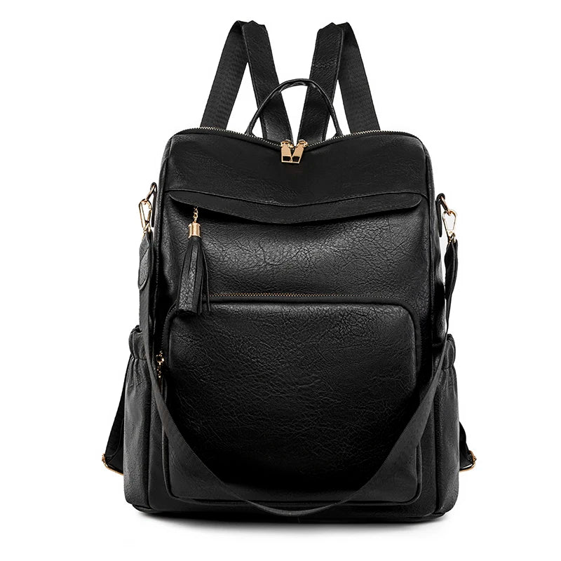 Black vintage tassel backpack with anti-theft design shown from the back