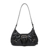 Schwarze Y2K Retro plissierte Schultertasche mit goldenen Verzierungen