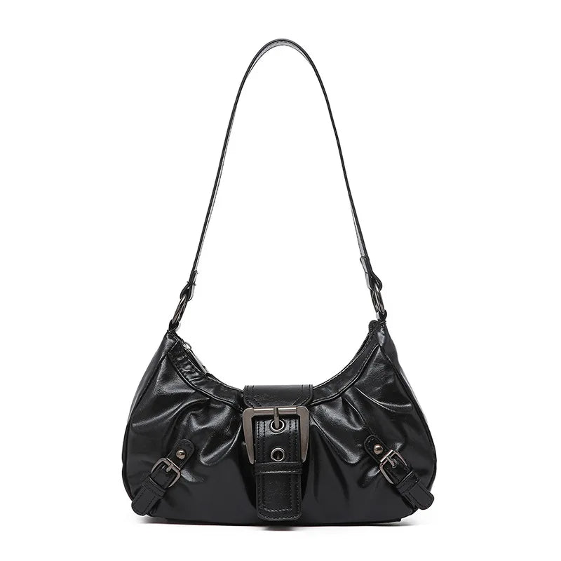 Schwarze Y2K Retro plissierte Schultertasche mit goldenen Verzierungen