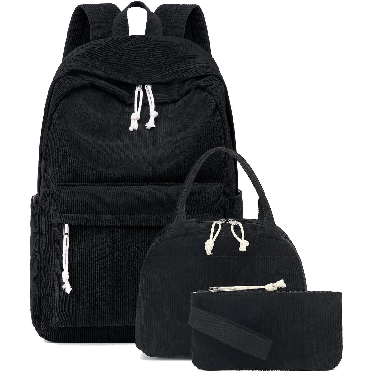 Black corduroy strawberry backpack set featuring a main backpack and a separate pouch