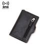 A black slim wallet with a zippered compartment and RFID protection features.