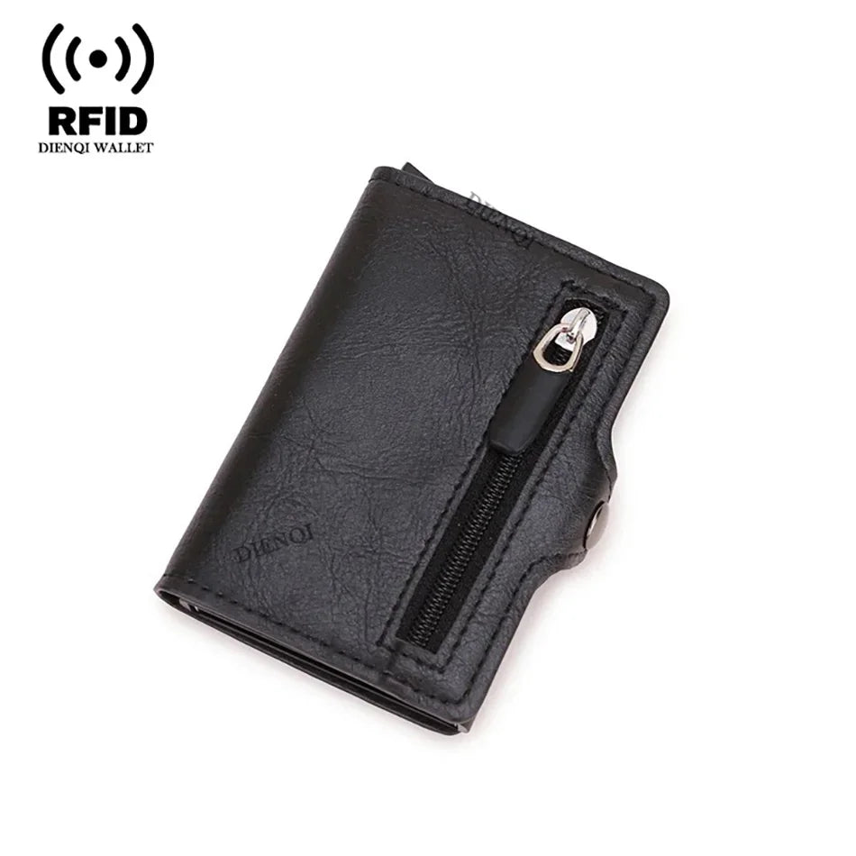 A black slim wallet with a zippered compartment and RFID protection features.