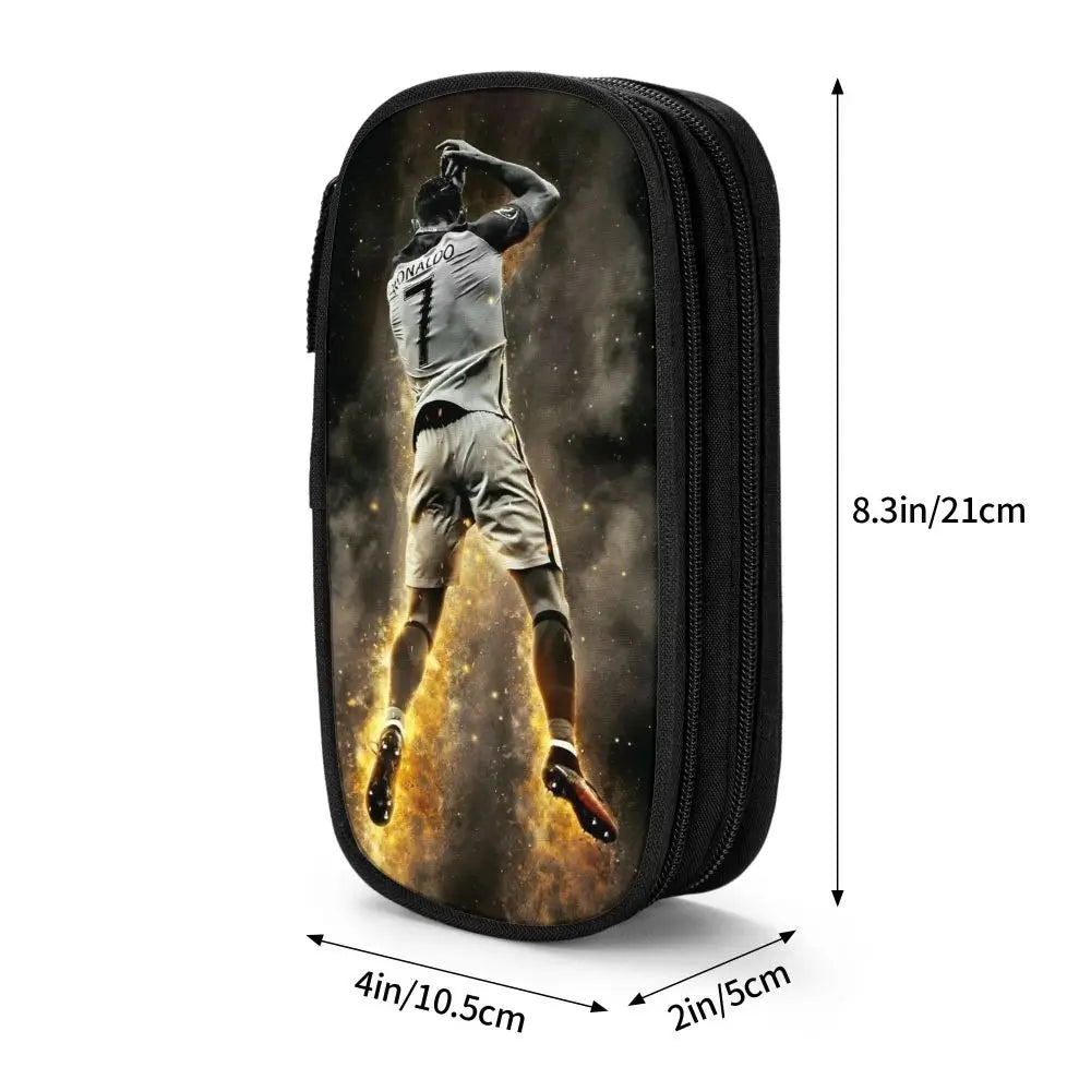 A black zippered pencil case featuring a sports player silhouette on a dark, textured background.