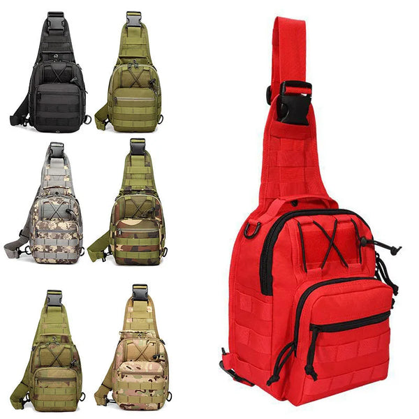 Various views of a red tactical nylon chest sling bag for outdoor gear in olive green and camouflage patterns.