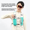 A woman wearing a light-colored shirt is demonstrating an independent water kettle flap pocket on a hydration vest backpack.