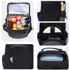 Black insulated picnic cooler backpack showing various food items and a bottle opener.