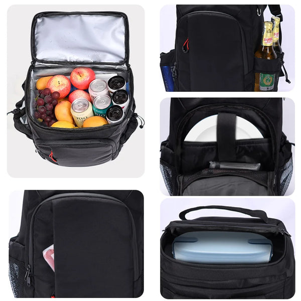 Black insulated picnic cooler backpack showing various food items and a bottle opener.