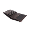 A brown genuine leather bifold wallet with a mesh pocket visible.
