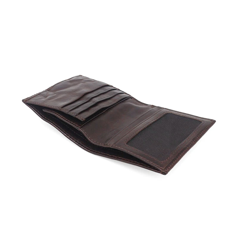 A brown genuine leather bifold wallet with a mesh pocket visible.
