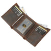 A brown leather trifold wallet displaying various cards and cash inside.
