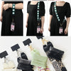 Various black and patterned phone lanyards with detachable leather wallets shown in close-up