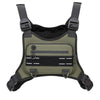 Olive green tactical chest bag with black straps and reflective horizontal strips