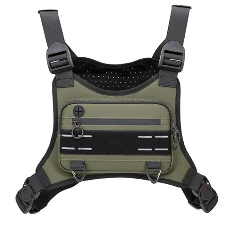 Olive green tactical chest bag with black straps and reflective horizontal strips