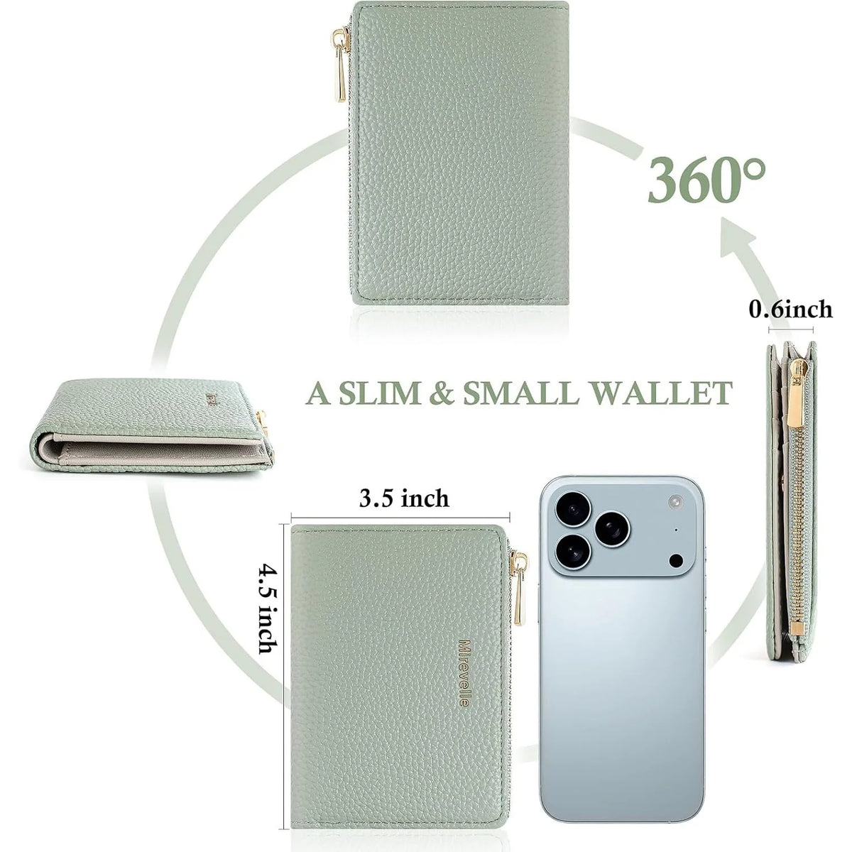 A slim light green wallet shown in various forms including a folded wallet and a full-sized card case.