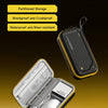 A black portable electronic organizer bag with a yellow accent, showing partitioned storage and shockproof features.