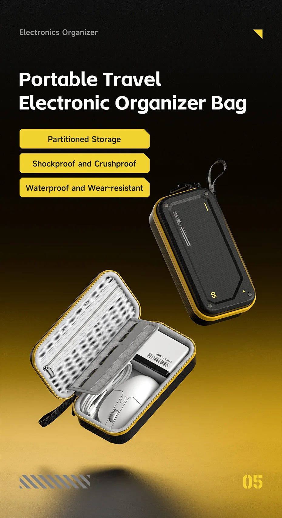 A black portable electronic organizer bag with a yellow accent, showing partitioned storage and shockproof features.