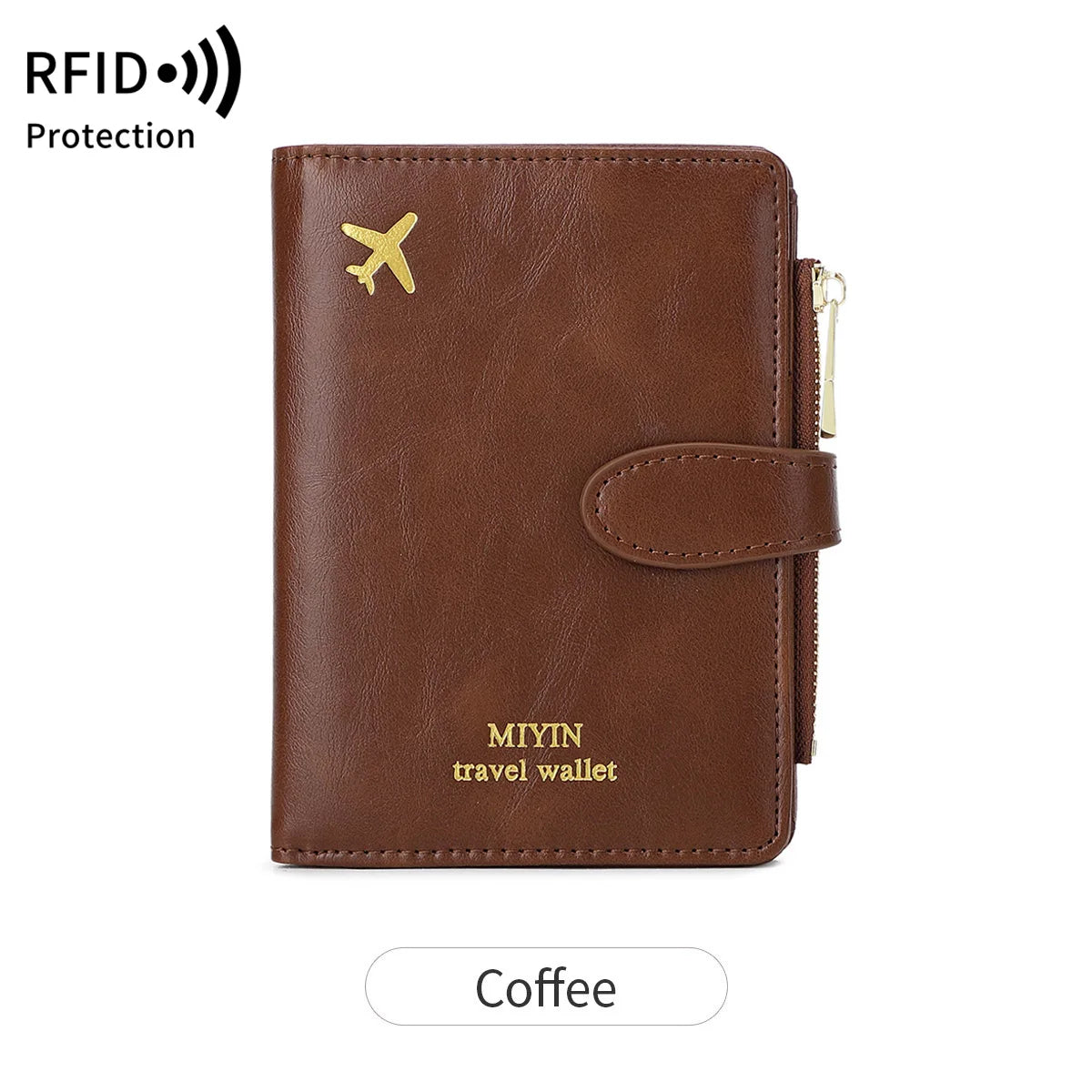 Brown leather travel wallet with gold embossed airplane logo and zipper.