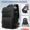 Black vacuum compression backpack shown with a manual vacuum pump.