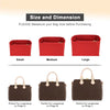 Three sizes of red felt purse organizer inserts labeled Small, Medium, and Large.
