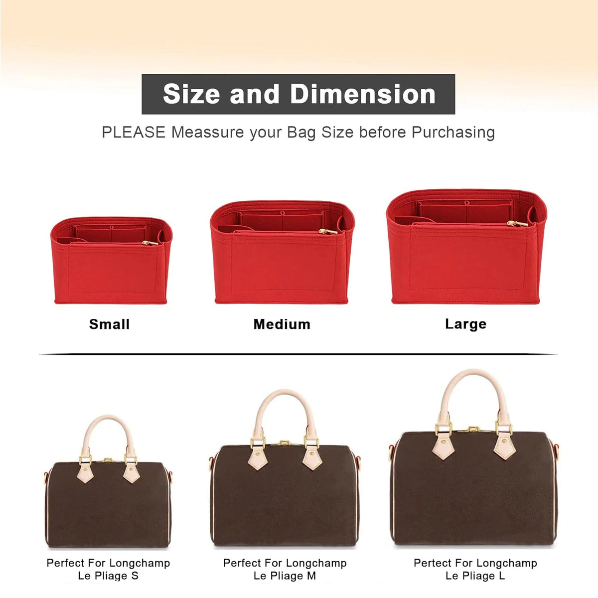 Three sizes of red felt purse organizer inserts labeled Small, Medium, and Large.