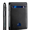 A black slim wallet with a front pocket displaying an RFID-blocking card.