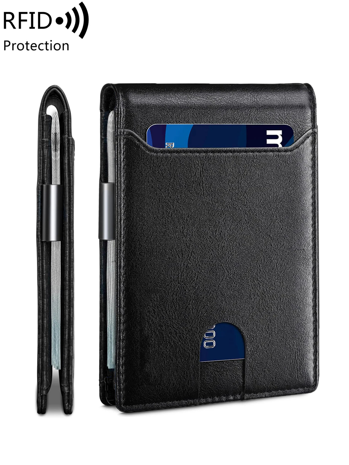 A black slim wallet with a front pocket displaying an RFID-blocking card.