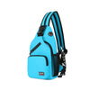 A bright blue multi-use adjustable chest and shoulder bag with black straps and mesh pockets.