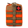 A brown tactical first aid kit with orange horizontal stripes and a black cross patch on the front.