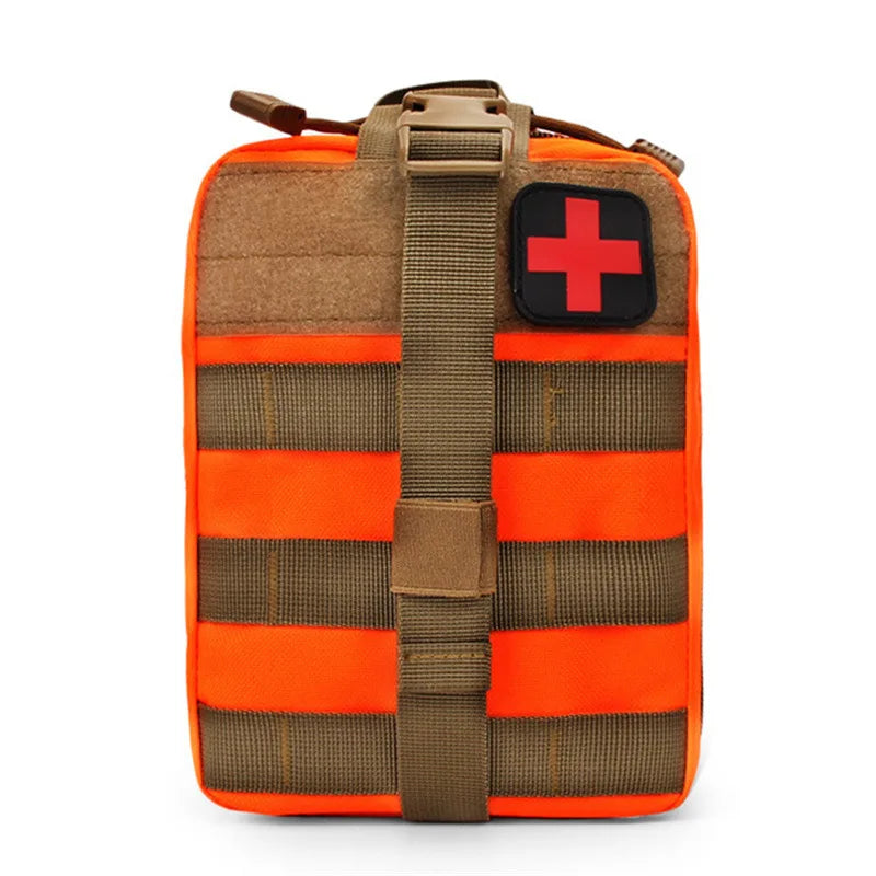 A brown tactical first aid kit with orange horizontal stripes and a black cross patch on the front.