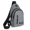 A gray water-resistant casual chest bag with a black strap and a zippered phone pocket.